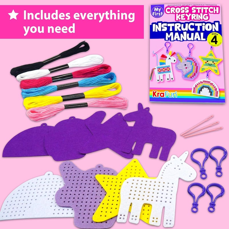 KRAFUN Cross Stitch Kits for Kids Beginners, 4 Unicorn Cross Stitching Keyrings Arts & Crafts, Needlepoint Embroidery Kit for Girls 5-13 Craft Kit Backpack Charms, Ornaments - Image 2